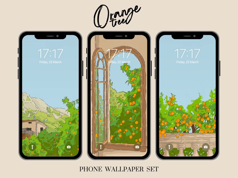 Orange tree phone wallpaper Italy countryside hand draw illustration painting - 電腦手機桌布/貼圖/App 圖示 - 其他材質 