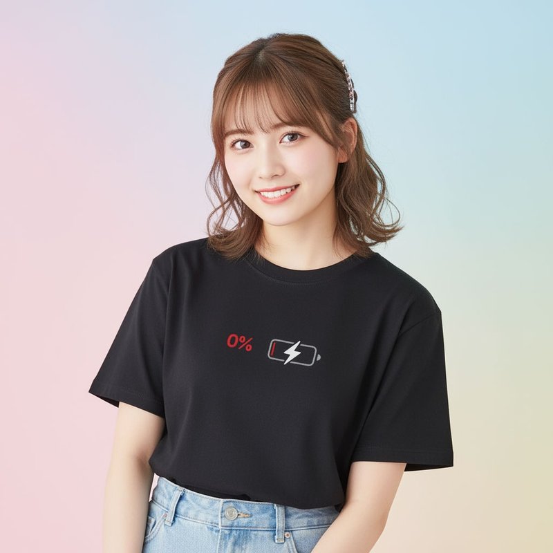 バッテリー残量 ユニセックス半袖Tシャツ クルーネック 綿Tシャツ コットンTシャツ 163 - Tシャツ メンズ - コットン・麻 ブラック