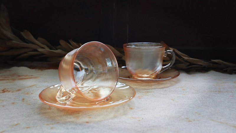 Early coffee cup and saucer set-orange pearl (tableware / junk / old / glass / gradient / ripple) - แก้วมัค/แก้วกาแฟ - แก้ว สีส้ม