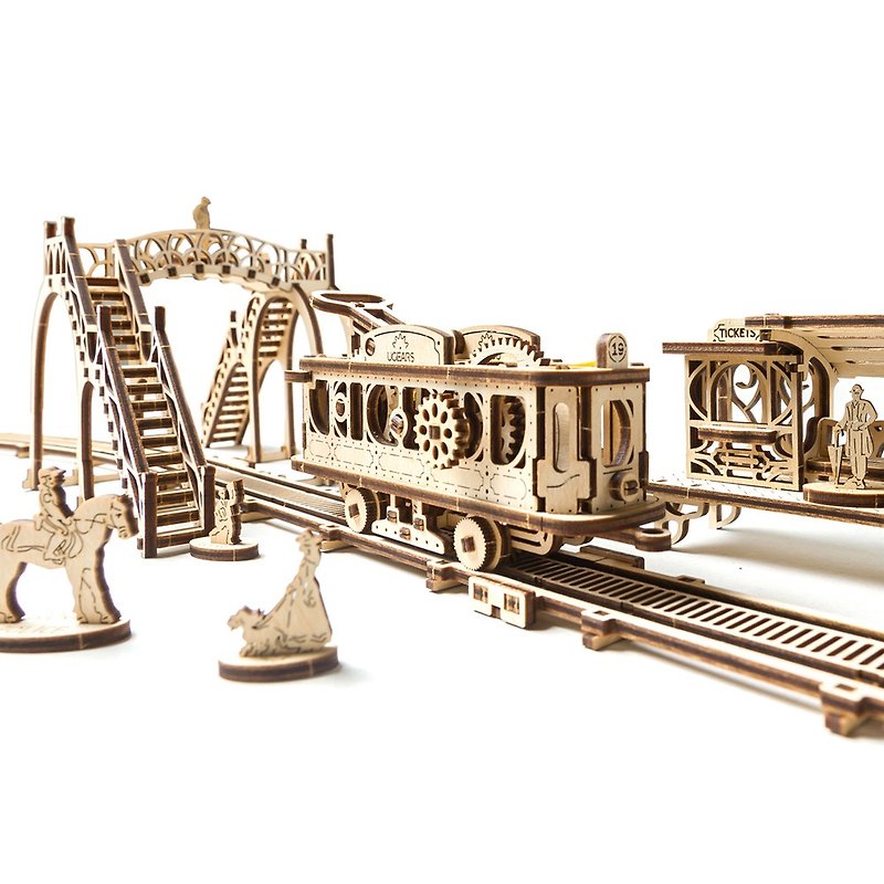 /Ugears/ Ukrainian wooden model machinery town-Ding Ding car station Tram Line - Board Games & Toys - Wood 