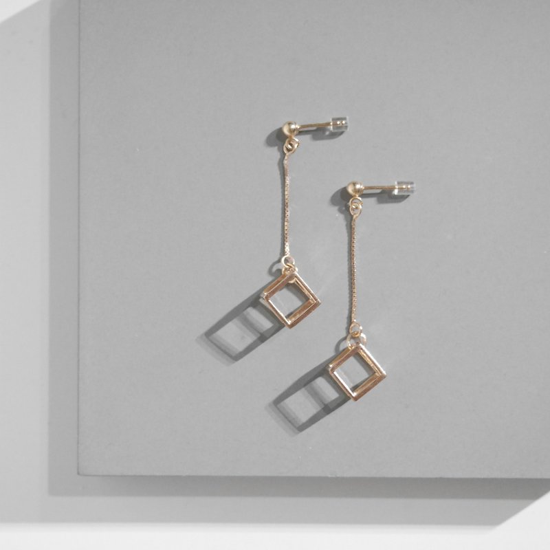 18K玫瑰包金 3D簡約立方體吊咀有鍊耳環 情人節紀念禮物 可轉耳夾 - 耳環/耳夾 - 其他金屬 金色