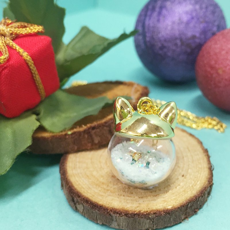 貓仔耳水晶玻璃球頸鏈 雪球波波 Cat Snow Ball Necklace - 頸圈項鍊 - 其他金屬 金色