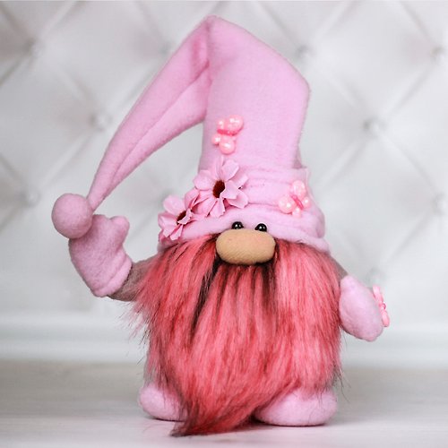 TiLenaDolls Soft stuffed toy Gnome. A plush pink Gnome. Flower Gnome