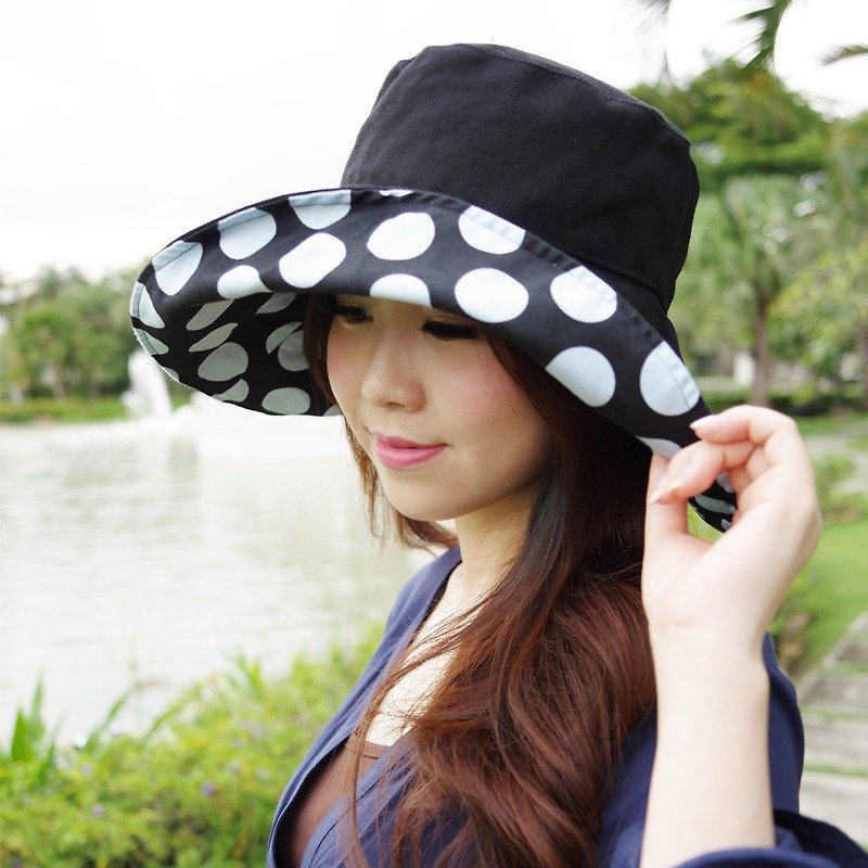 復古可逆寬邊太陽帽（太陽紫外線防護） - 帽子 - 聚酯纖維 黑色