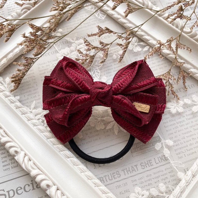 Morandi color bow hair bundle/dark red - เครื่องประดับผม - วัสดุอื่นๆ สีแดง