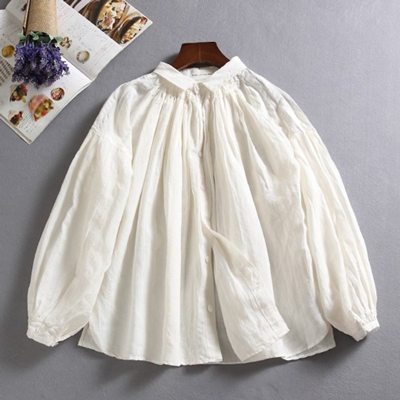 f8010202 A versatile linen shirt, 100% linen, long sleeves, white - เสื้อผู้หญิง - วัสดุอื่นๆ 
