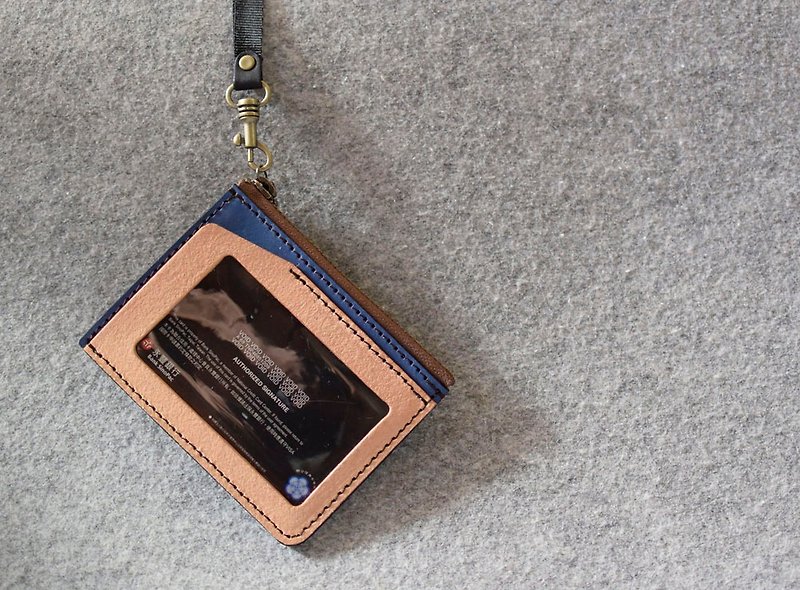 ID folder + coin pocket dual-function cork cowhide + blue leather - ที่ใส่บัตรคล้องคอ - หนังแท้ 