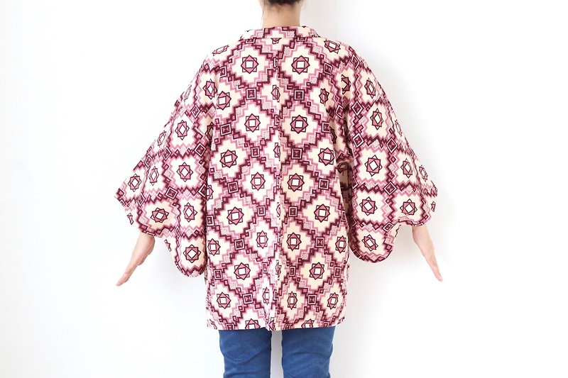 geometric kimono, haori jacket, authentic kimono, Japanese haori /3814 - เสื้อแจ็คเก็ต - เส้นใยสังเคราะห์ สีม่วง