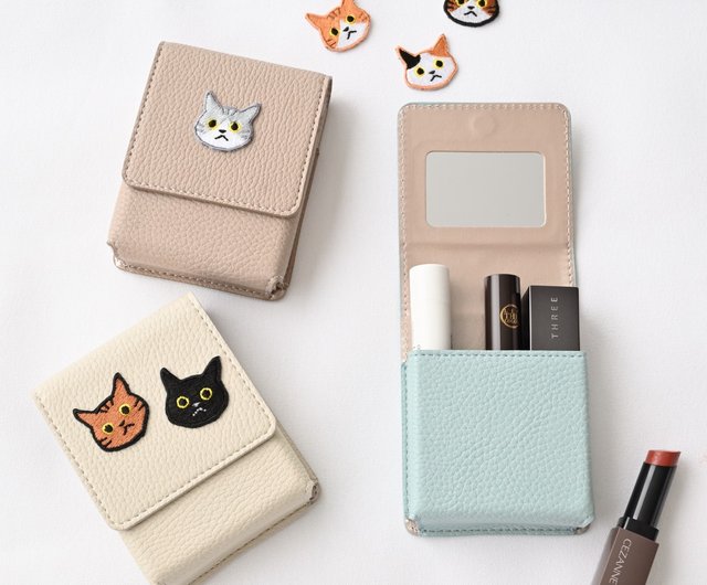 リップケース 【 刺繍 ワッペン 猫 】くすみカラー コスメポーチ