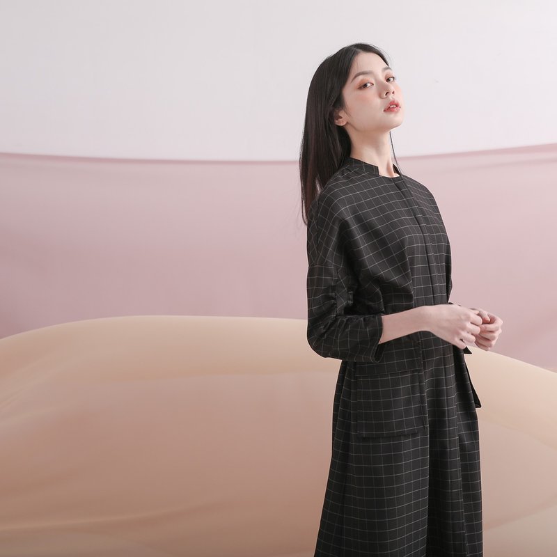 [Classic Original] Distance_ Alienated Strap Dress_CLD509_Black White Grid - One Piece Dresses - Cotton & Hemp Black