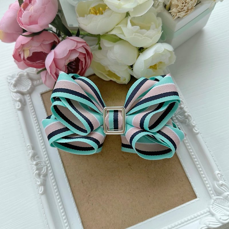 Exclusive double-sided three-dimensional bow intersecting banana clip hairpin - green, pink and black stripes - เครื่องประดับผม - วัสดุอื่นๆ สีเขียว