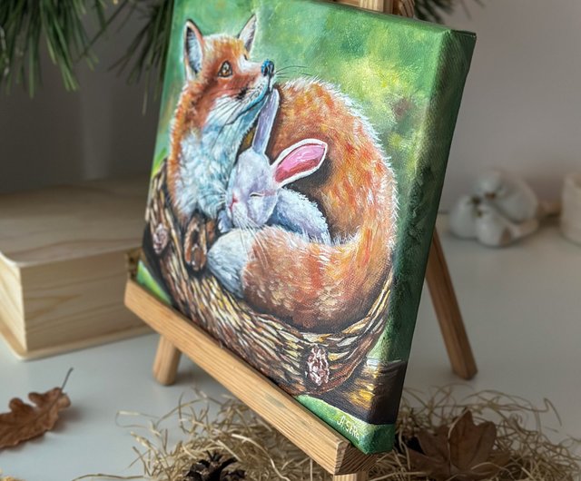 キツネのオリジナルの絵画、ウサギの壁アート、キツネの壁の装飾、動物