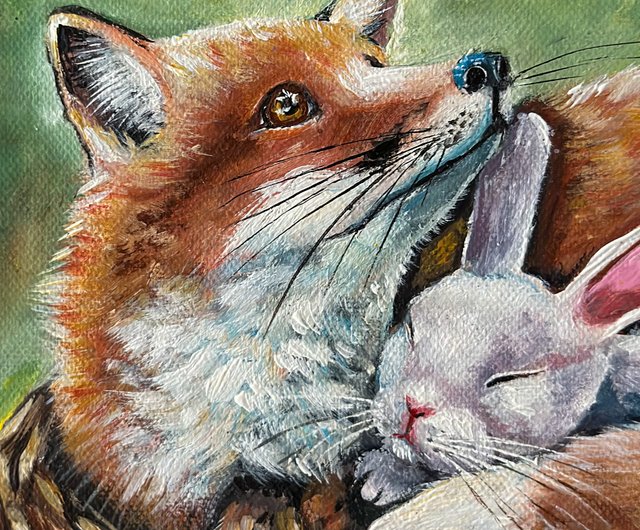 動物　絵画　アート キツネのオリジナルの絵画、ウサギの壁アート、キツネの壁の装飾、動物
