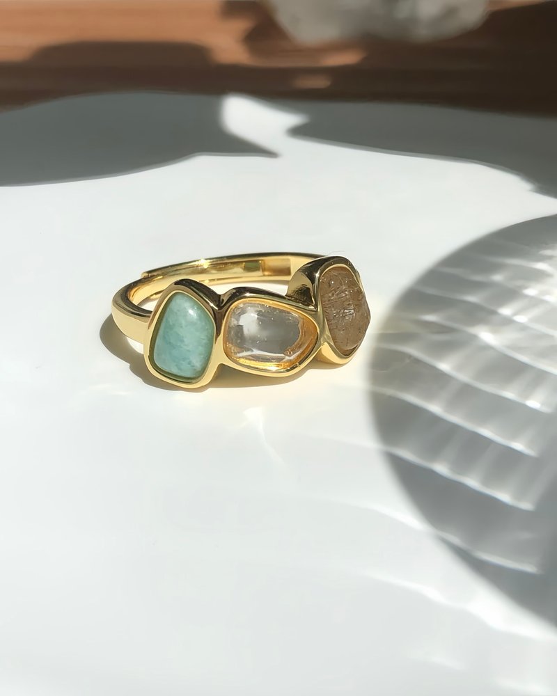 【自信豐盛 ✕ 正向溝通】天河石 × 白水晶 × 黃髮晶 | 925純銀 - 戒指 - 純銀 白色