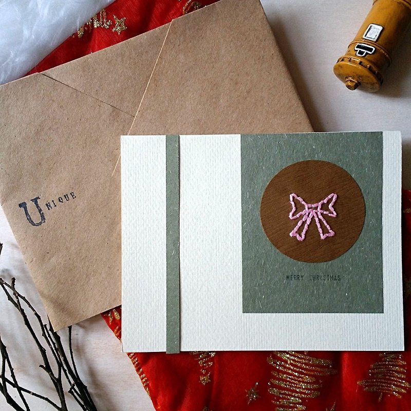 Hand-sewn image Christmas card (bow knot) (original) - การ์ด/โปสการ์ด - กระดาษ หลากหลายสี