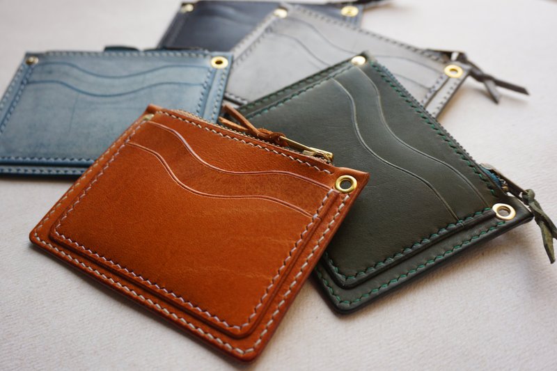 Handmade Leather-Zipper Card Holder, Card Case, Light Wallet, Coin Purse - ที่เก็บนามบัตร - หนังแท้ สีน้ำเงิน