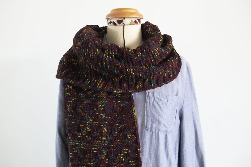 Lan wool scarf (dark wine red bottom yellow and blue floral yarn) - Knit Scarves & Wraps - Polyester Red