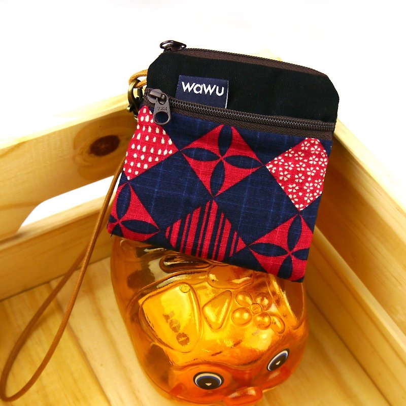 WaWu夾心吐司包 (紫紅菱格)(附繩) 日本布* - 零錢包/小錢包 - 棉．麻 黑色