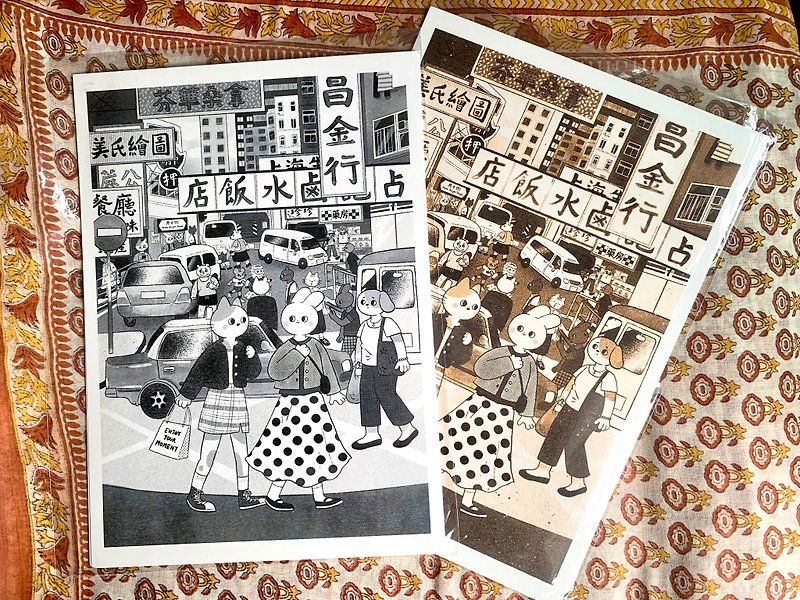 香港復古舊街 - A4尺寸數碼印刷插圖 - 心意卡/卡片 - 紙 黑色