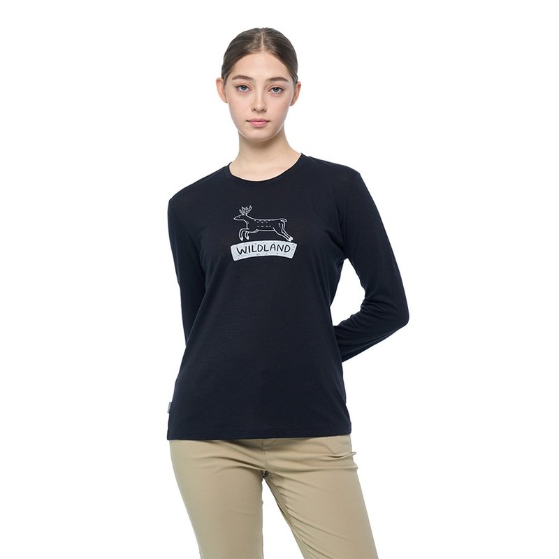 【Wildland】メリノ100%プリント長袖トップス 女 黒 0B02601-54 - ニット・セーター - ウール ブラック