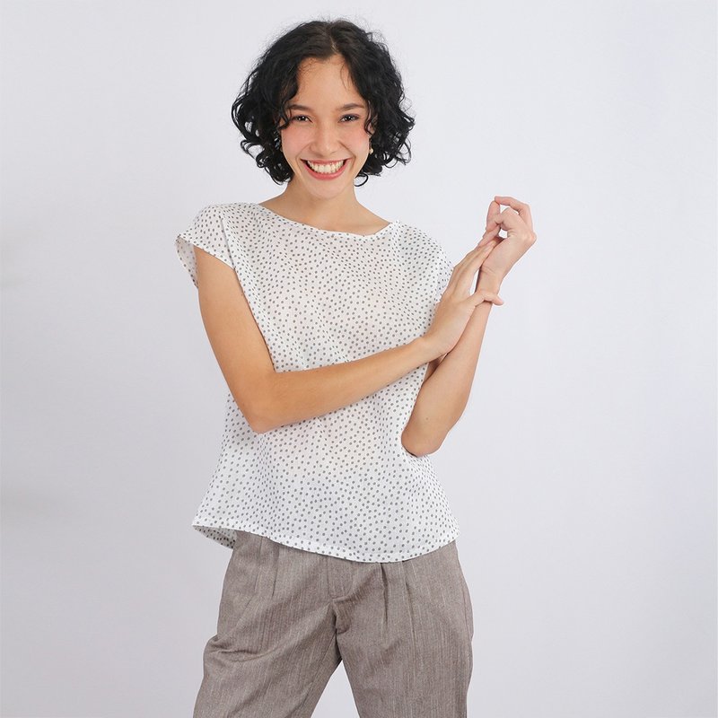 Polka Dot Linen Blouse, Grey, Yara - 女上衣/長袖上衣 - 棉．麻 灰色