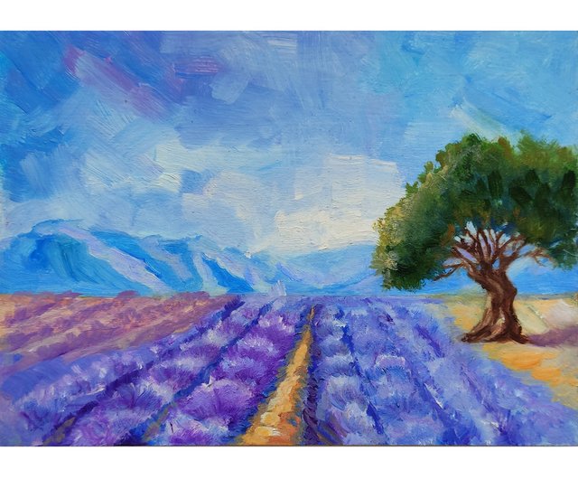 ラベンダー畑オリジナル油絵、イタリア風景壁アート、手工油