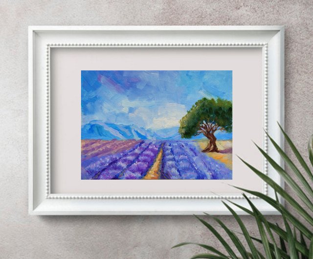 ラベンダー畑オリジナル油絵、イタリア風景壁アート、手工油