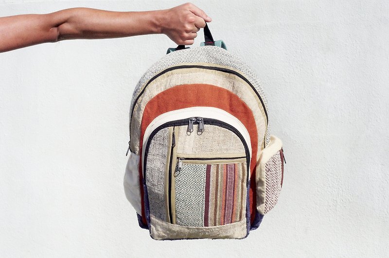 Woven Bag - Hand Weaving Daypack - Hemp backpack - Folk Woven Textile - Student bag- Travel bag- Mixed -Unique - Hipster - orange mexico - Backpacks - Cotton & Hemp Multicolor