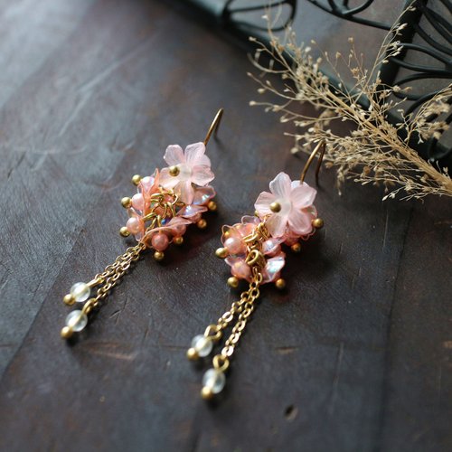 Earring Fanatic 粉紅色亮片花朵黃銅垂墜形耳環 耳針 耳夾