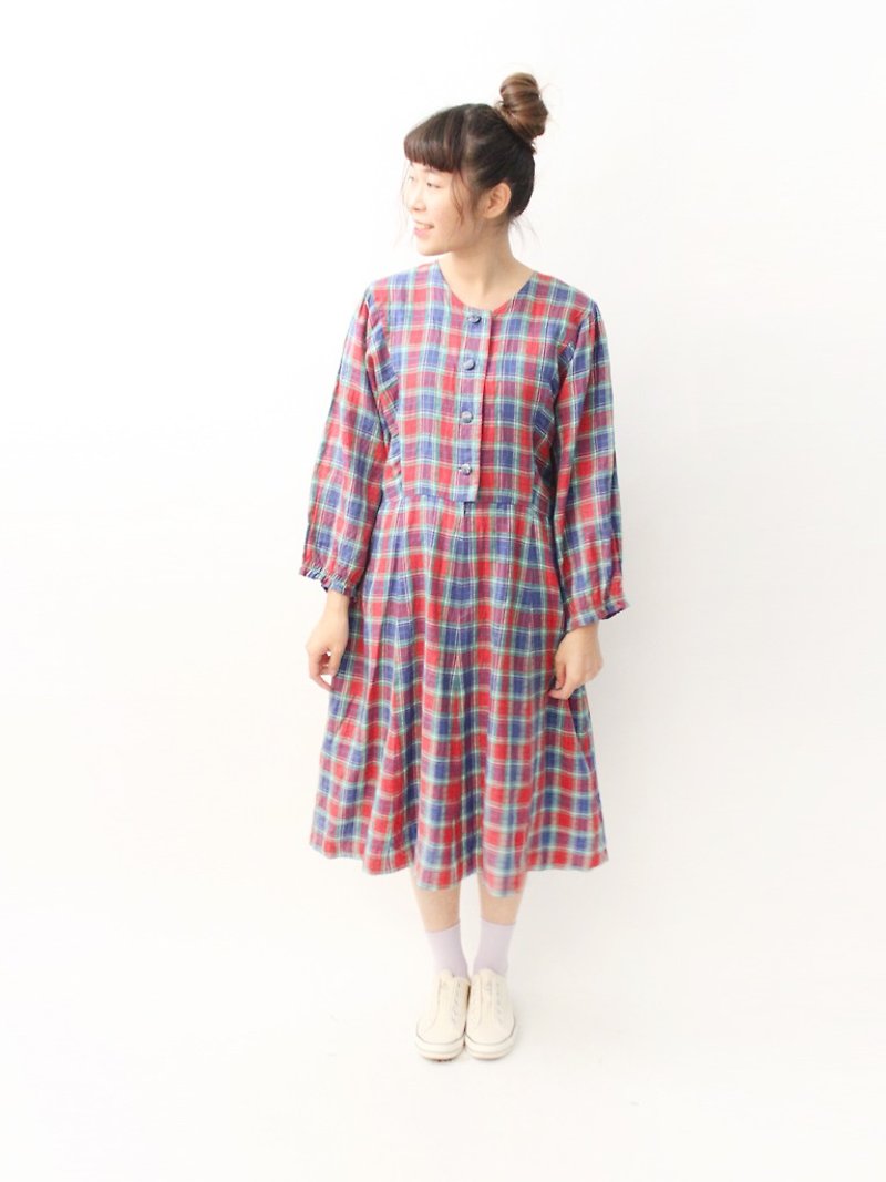 Nippon Red and Blue Lattice Plaid Loose Cotton Vintage Dress VintageDress - ชุดเดรส - ผ้าฝ้าย/ผ้าลินิน สีแดง