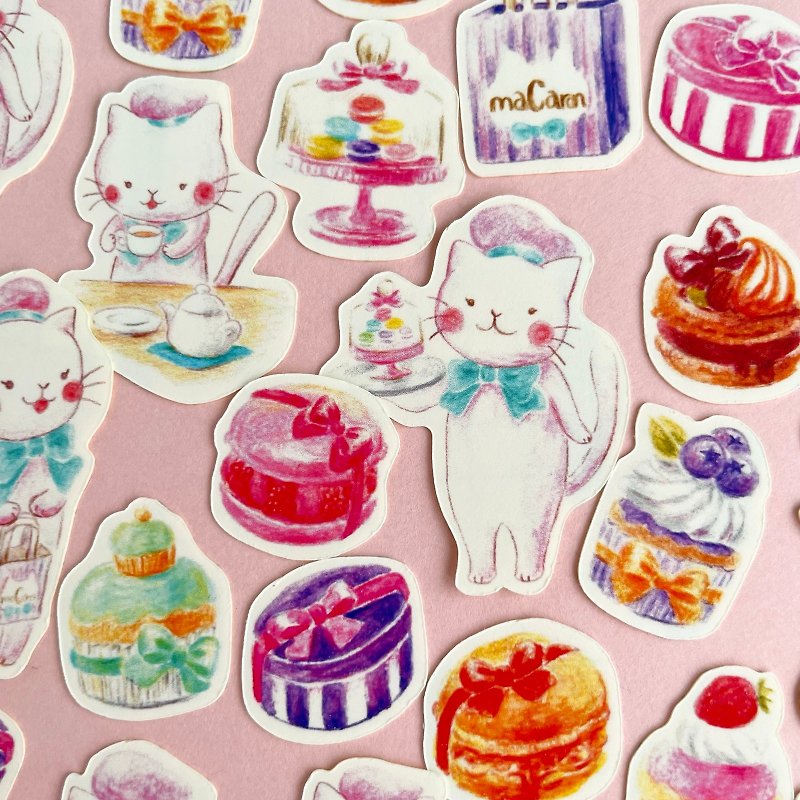 Macaron Shop Cat Flake Sticker (with postcard) - สติกเกอร์ - กระดาษ สีม่วง
