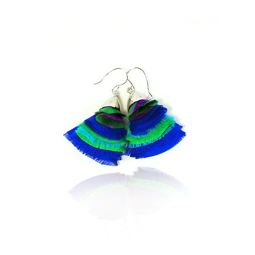 laorr Thai silk Earrings (Size : L) BB collection Blue Green -Silver Color metal