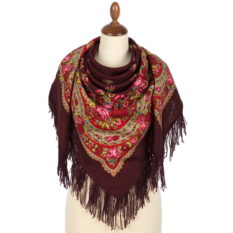 Pavlovo Posad Russian Shawl 100% Wool Scarf 125 cm, Wrap Woolen Fringe 1901-6 - Scarves - Wool Brown