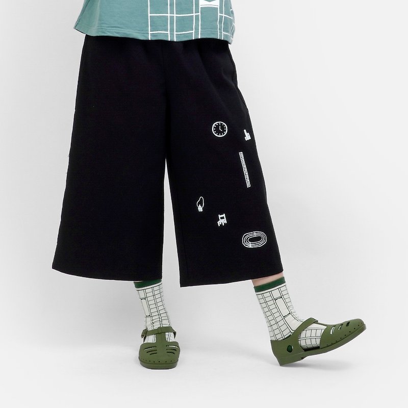 Playground Elementary School/Silk Printed Linen Wide Pants - Black - กางเกงขายาว - ผ้าฝ้าย/ผ้าลินิน สีดำ