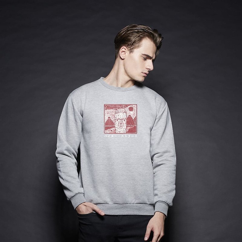 British Fashion Brand -Baker Street- Japanese Stamp Printed Sweater - เสื้อยืดผู้ชาย - ผ้าฝ้าย/ผ้าลินิน สีเทา