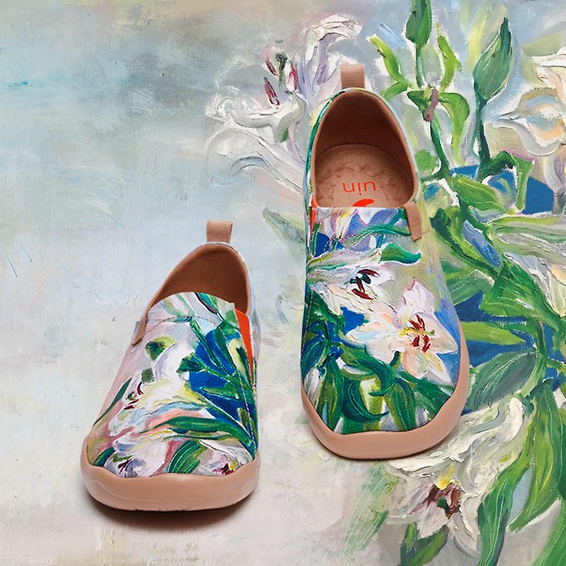 【Uin】Spanish Original Design | Oil Painting Lily Painted Casual Women's Shoes - รองเท้าลำลองผู้หญิง - วัสดุอื่นๆ ขาว
