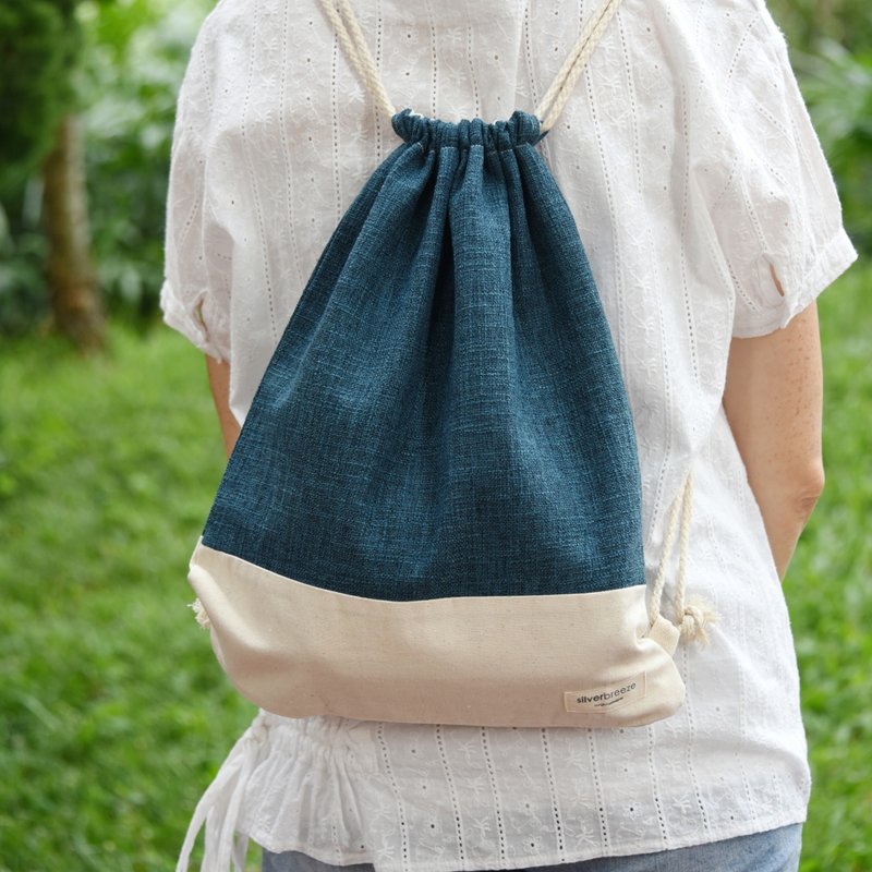 Drawstring backpack/drawstring bag/drawstring pocket~ Linen and linen-blue (B189) RS - กระเป๋าหูรูด - ผ้าฝ้าย/ผ้าลินิน สีน้ำเงิน