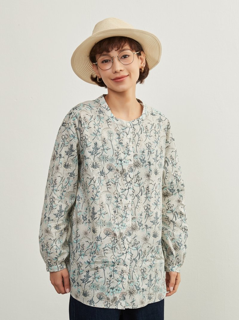 ボタニカルプリント綿100シャツ・長袖ブラウス・ナチュラル感・春夏トップス新商品‐KNXC422 - 女襯衫 - 棉．麻 灰色