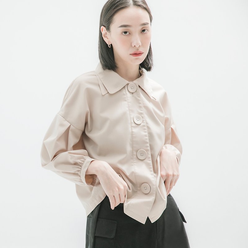 [Classic Original] Monologue_Monologue Double Collar Sleeve Shirt_CLT502_茶白 - Women's Shirts - Cotton & Hemp Khaki