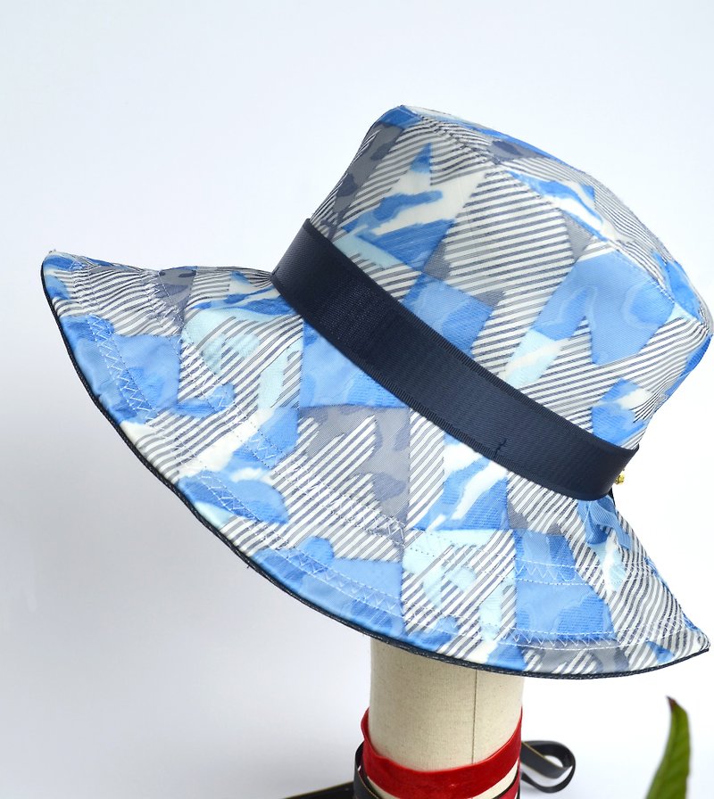 幾何ジャガード先染めつばの広い帽子 - 帽子 - ポリエステル ブルー