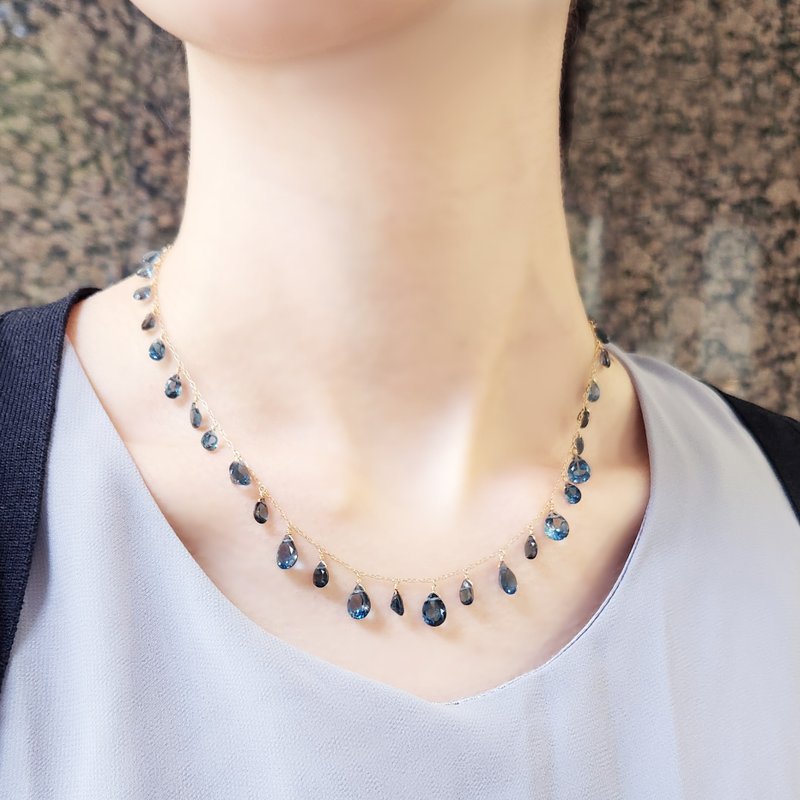 K18 exquisite London blue topaz bib necklace, pre-dawn sky - Necklaces - Gemstone Blue