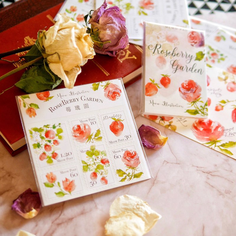 Watercolor Stamp Stickers Set - Raspberry Rose Garden WT-023 - สติกเกอร์ - กระดาษ สีแดง