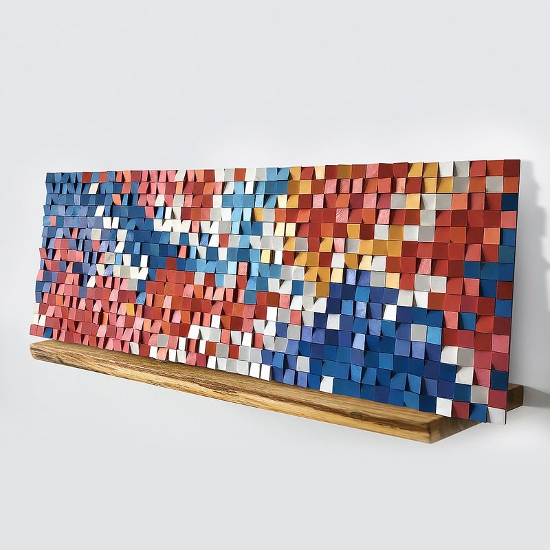 Wood wall mosaic panel in Red Blue Yellow color. Abstract painting decoration - Wall Décor - Wood Red