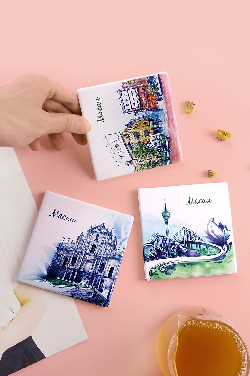 Ceramic absorbent coaster series 6 fresh hand-painted styles of Macau&#39;s classic famous scenic spots~
