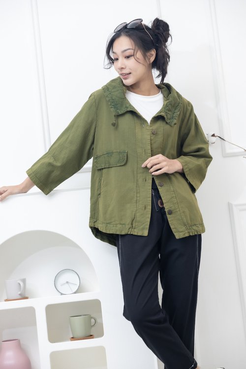 Meya 編縫編織 腰側口袋連帽外套 軍綠色