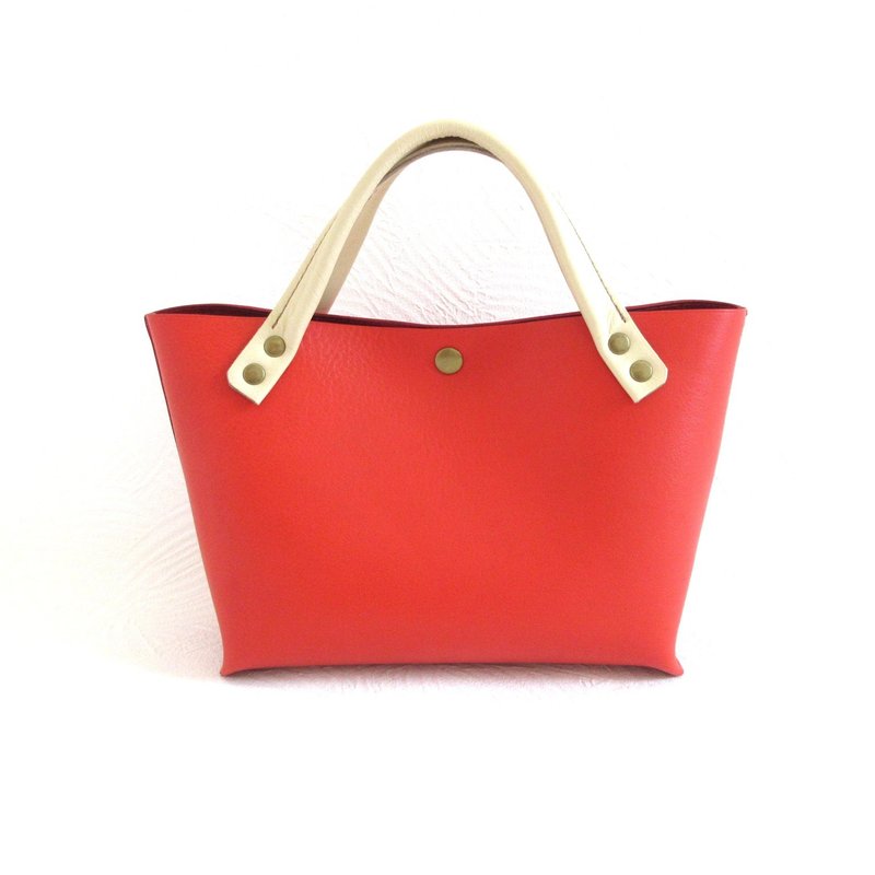手縫い　ショート丈・牛革・底マチワイド・一枚革のミニトート・レッド・0644 - 手提包/手提袋 - 真皮 紅色