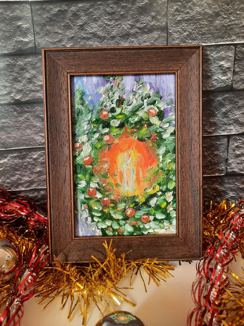 Oil painting Christmas wreath. Christmas Gift Wrapping. Customized Gift. 聖誕禮物 - โปสเตอร์ - ไม้ สีส้ม