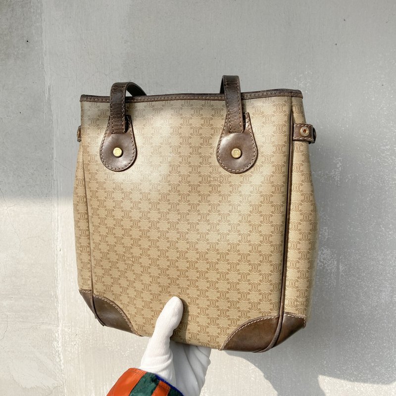 CELINE 老花 牛皮帶 Monogram膠皮 實用 古董包 VINTAGE 復古 - 手提包/手提袋 - 其他材質 卡其色