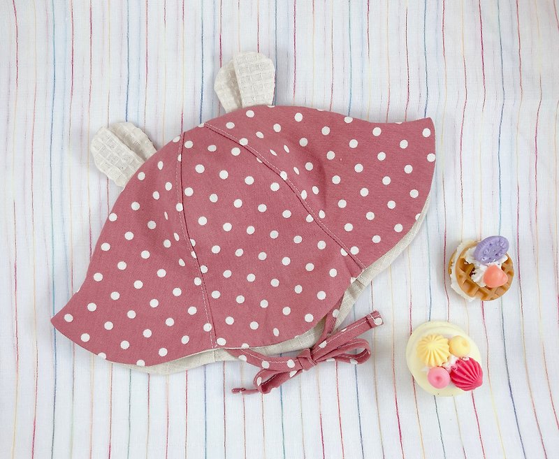 寶寶遮陽帽 熊耳造型 六片花瓣帽 綁帶 - 嬰兒帽子/髮帶 - 棉．麻 粉紅色