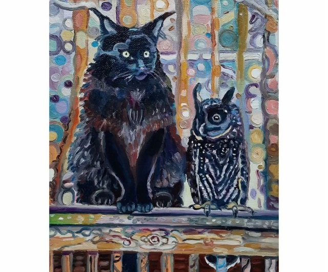 オリジナルアート「黒猫とフクロウ」 油絵 アートワーク オリジナル